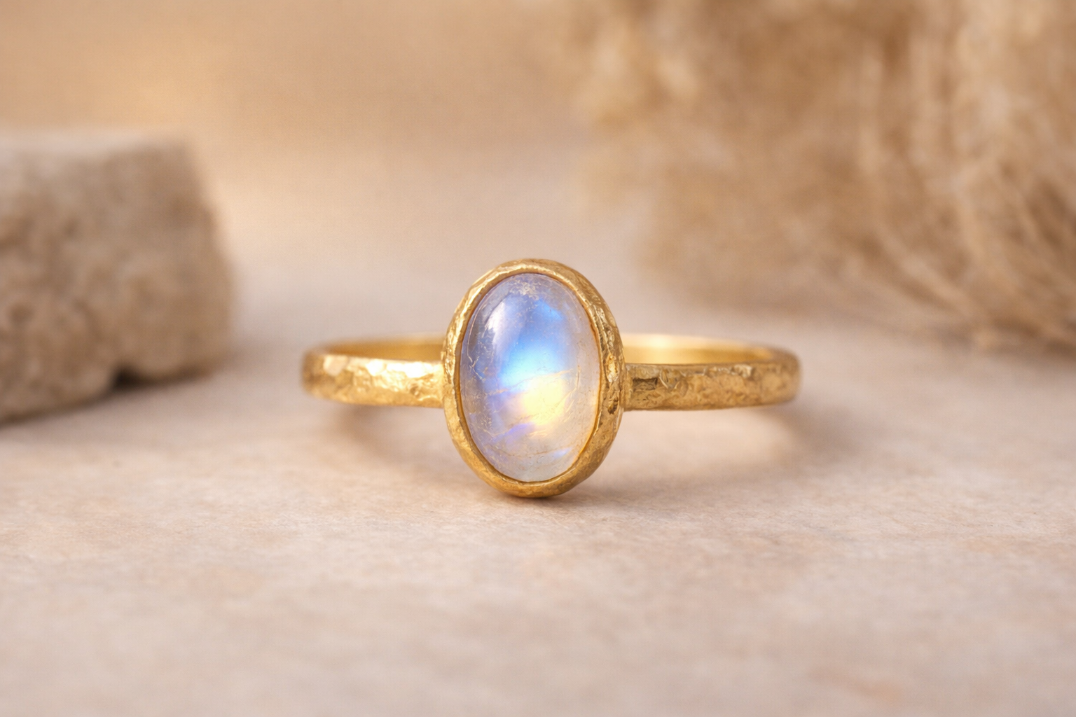 Callanish Ring — gold band with oval moonstone